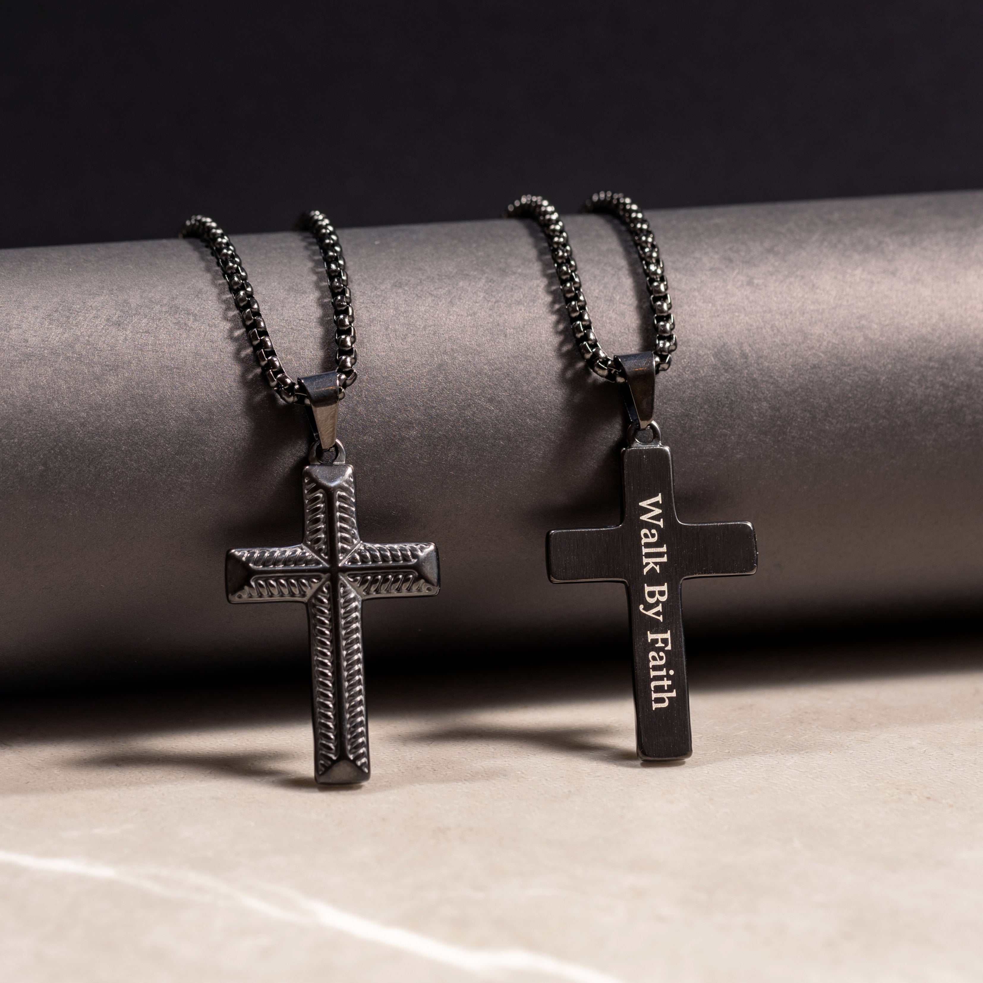 Custom men's cross necklace with engraved name in stainless steel